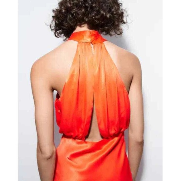 Zara Orange Halter Neck Silk Maxi Midi Dress Medium - Picture 3 of 7